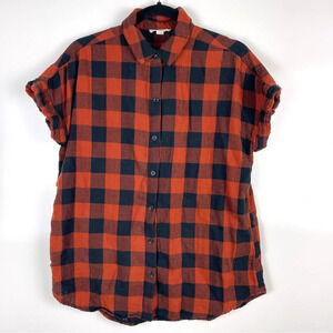 BeachLunchLounge Orange Buffalo Plaid Short Sleeve Button Up Top Women's Medium